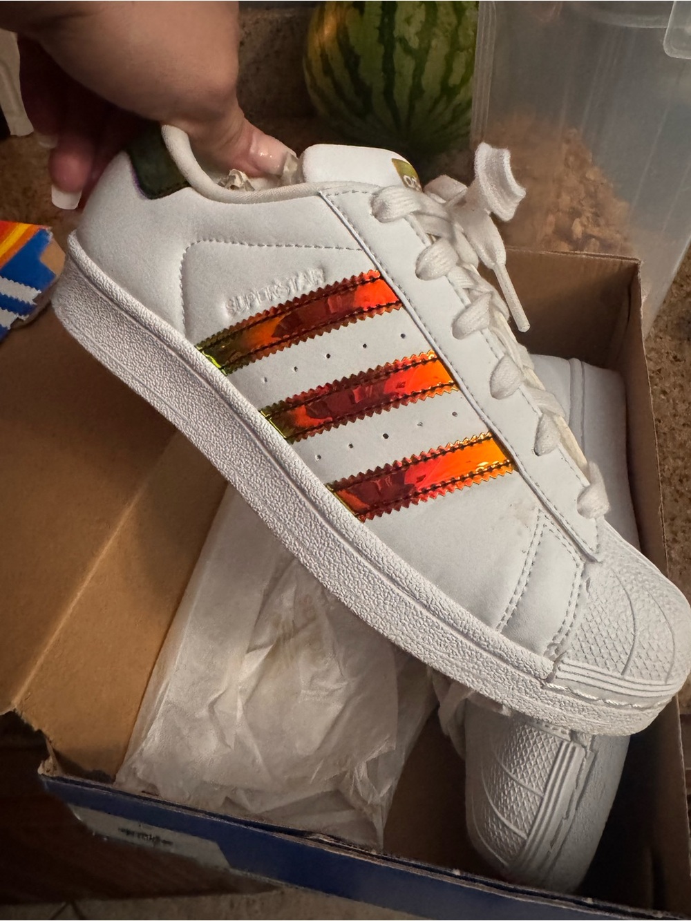 adidas Kids White Sneakers with Iridescent Orange Stripes